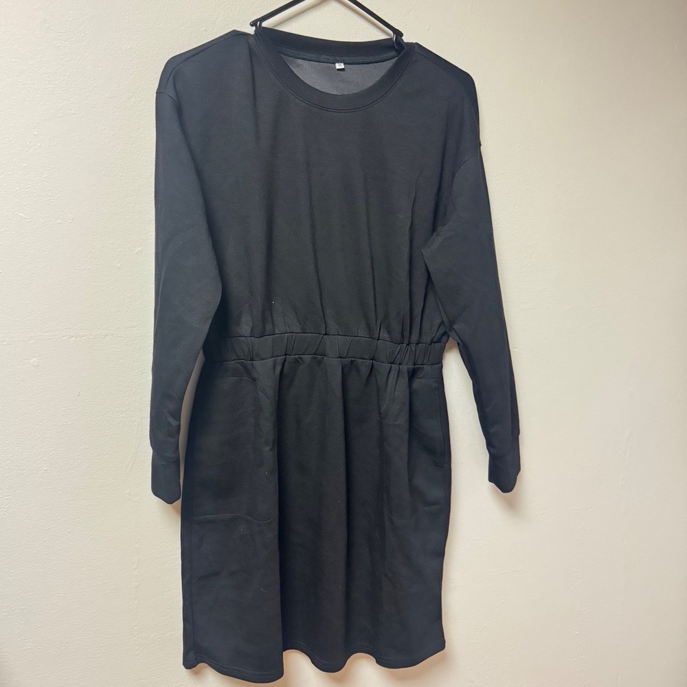 Black Long Sleeve Sweatshirt Dress Elastic Waist Pockets Size M NWOT